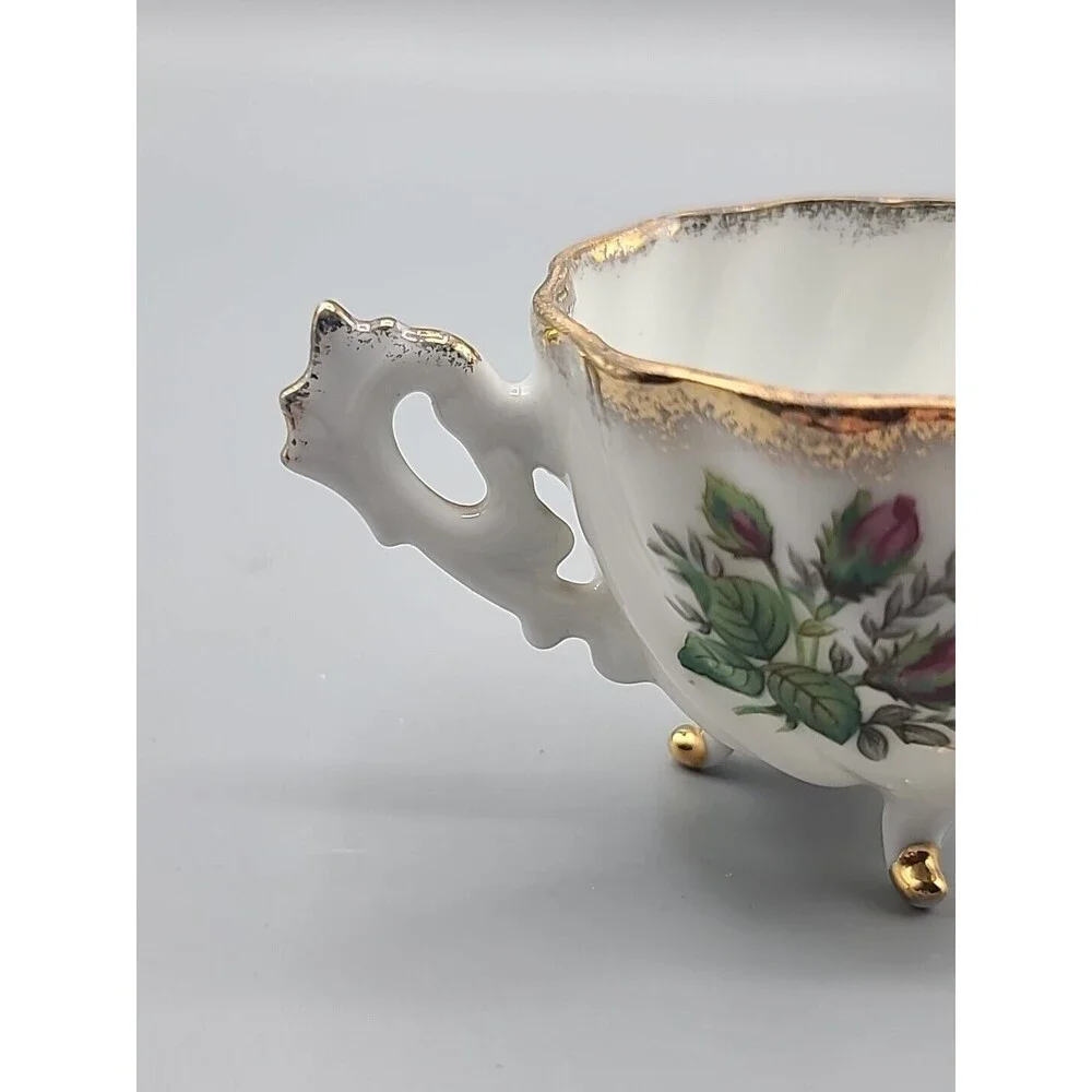 Relco Vintage Tri Footed Teacup Pink Roses Swirl Design Gold Trim